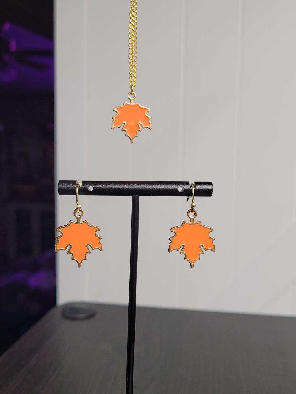 Hand Crafted Orange Enamel Maple Leaf Necklace and Earrings Set